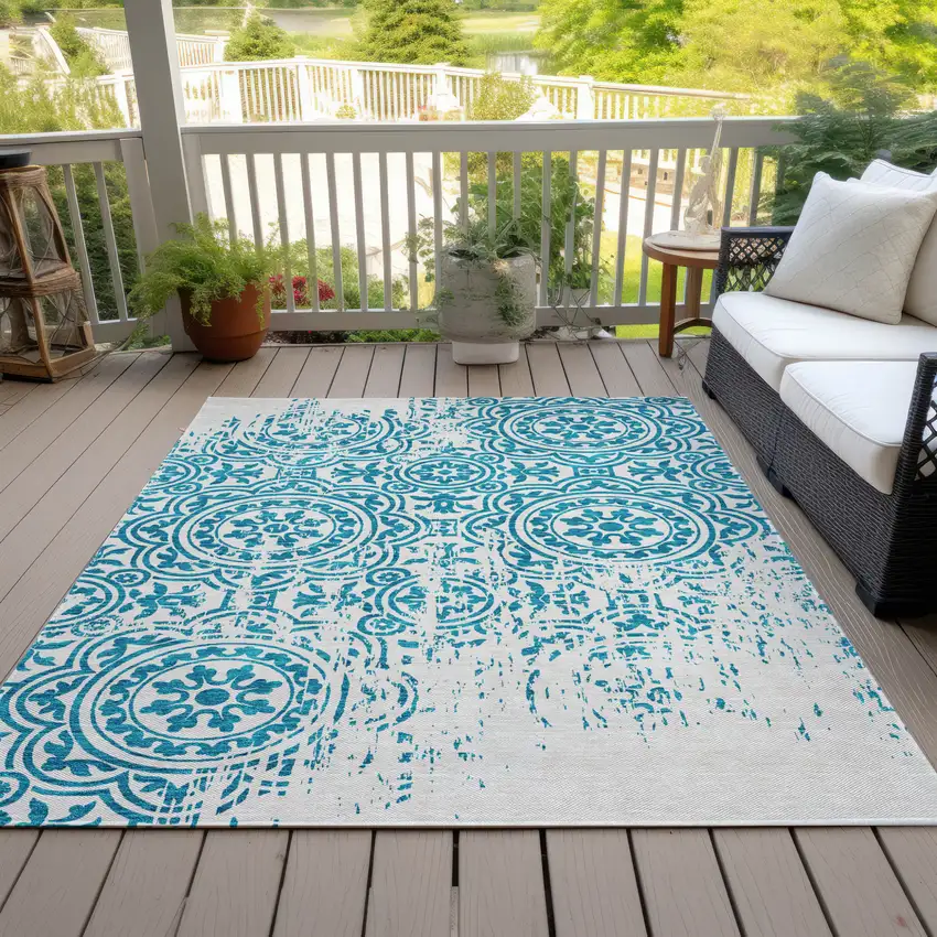 Teal Blue And Ivory Medallion Washable Indoor Outdoor Area Rug Photo 6