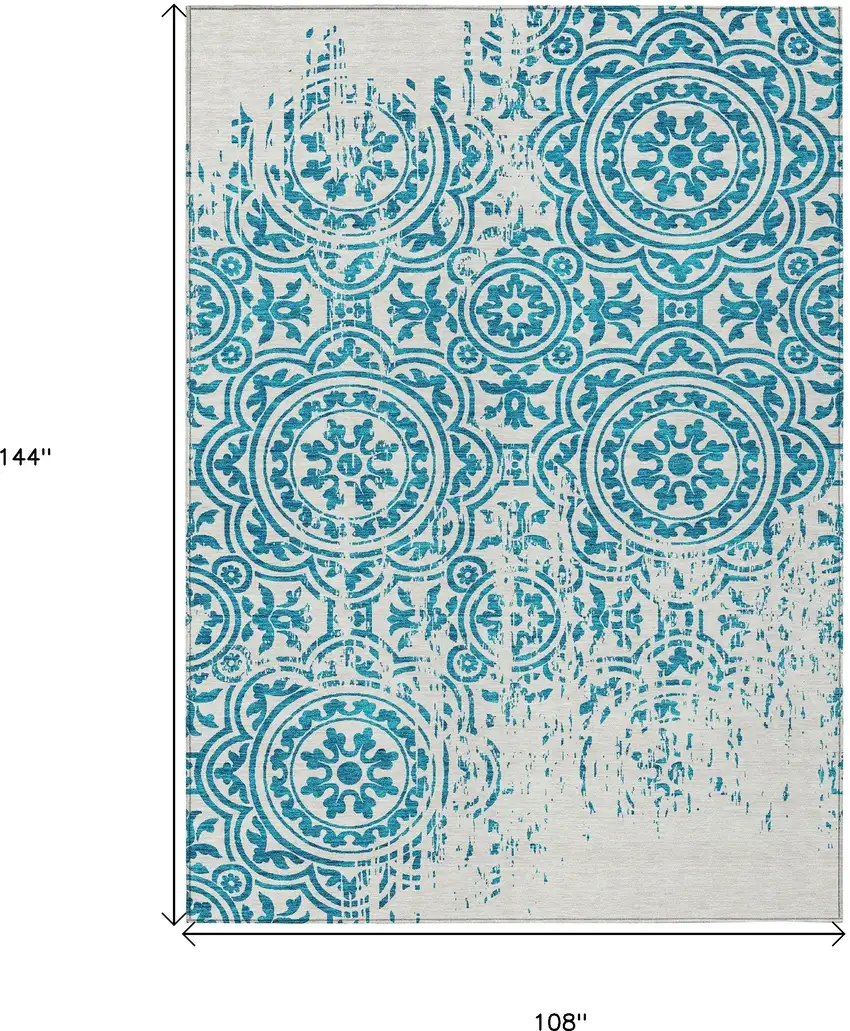 Teal Blue And Ivory Medallion Washable Indoor Outdoor Area Rug Photo 3