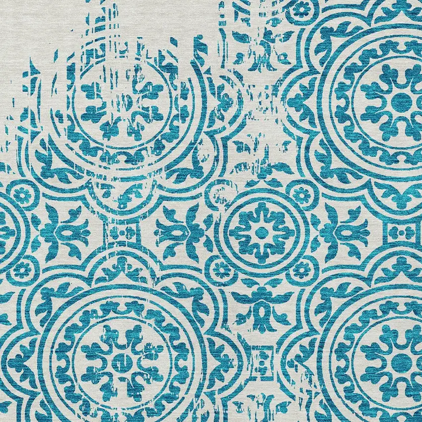 Teal Blue And Ivory Medallion Washable Indoor Outdoor Area Rug Photo 4