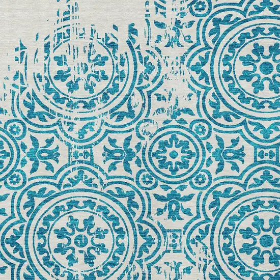 Teal Blue And Ivory Medallion Washable Indoor Outdoor Area Rug Photo 4