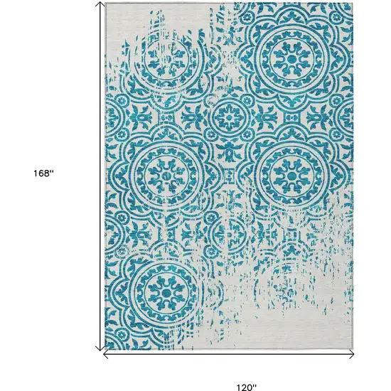 Teal Blue And Ivory Medallion Washable Indoor Outdoor Area Rug Photo 3