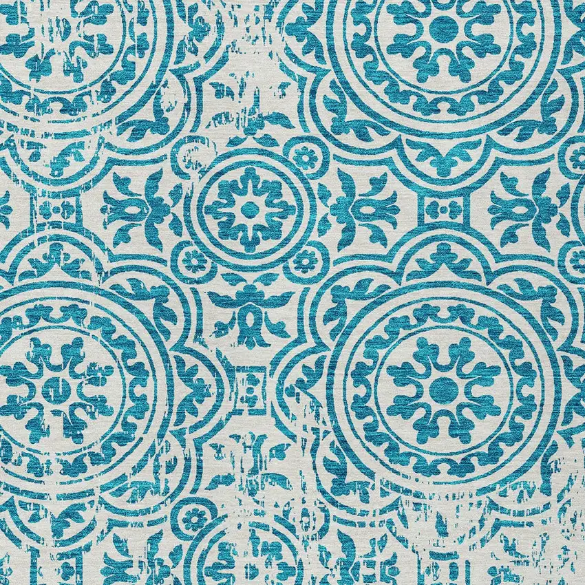 Teal Blue And Ivory Medallion Washable Indoor Outdoor Area Rug Photo 4