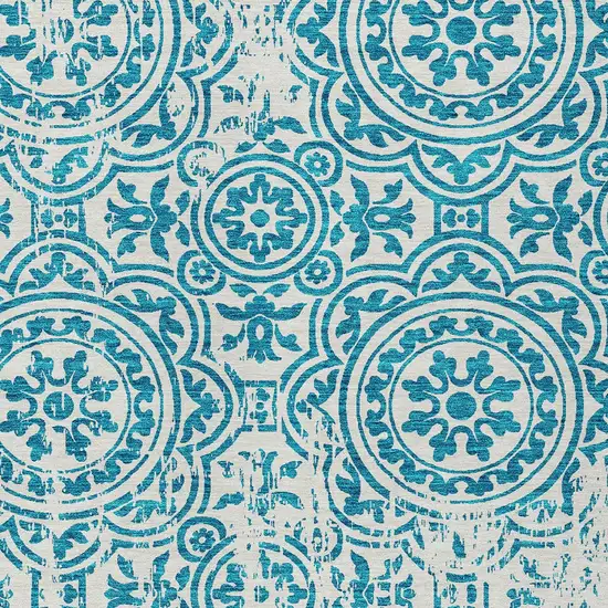 Teal Blue And Ivory Medallion Washable Indoor Outdoor Area Rug Photo 4