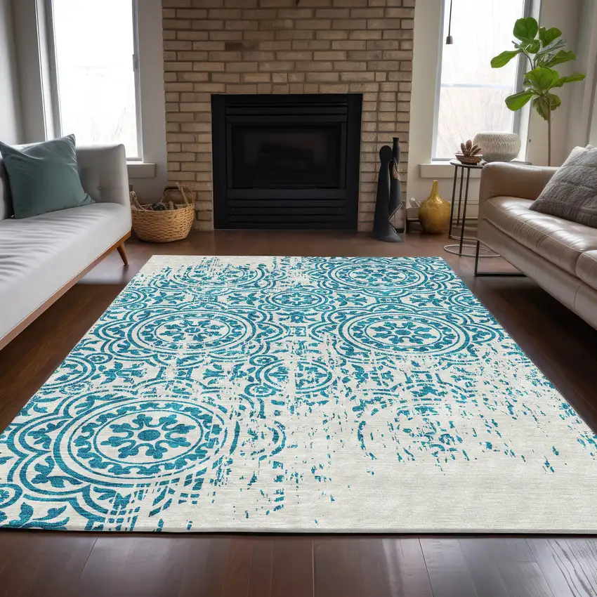 Teal Blue And Ivory Medallion Washable Indoor Outdoor Area Rug Photo 7