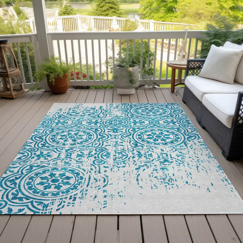 Teal Blue And Ivory Medallion Washable Indoor Outdoor Area Rug Photo 6
