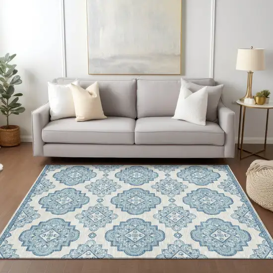Teal Blue And Ivory Medallion Washable Indoor Outdoor Area Rug Photo 9