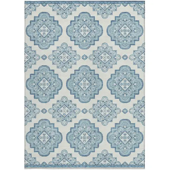 Teal Blue And Ivory Medallion Washable Indoor Outdoor Area Rug Photo 7