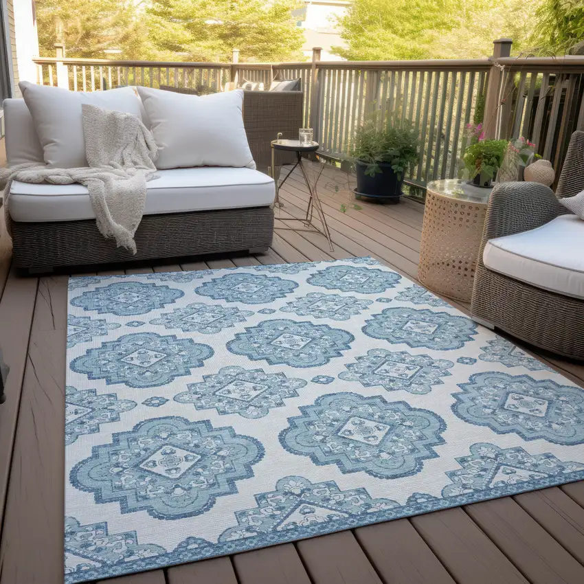 Teal Blue And Ivory Medallion Washable Indoor Outdoor Area Rug Photo 9