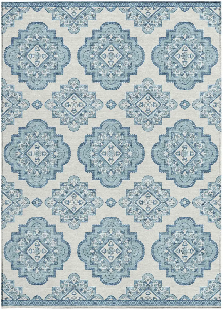 Teal Blue And Ivory Medallion Washable Indoor Outdoor Area Rug Photo 6