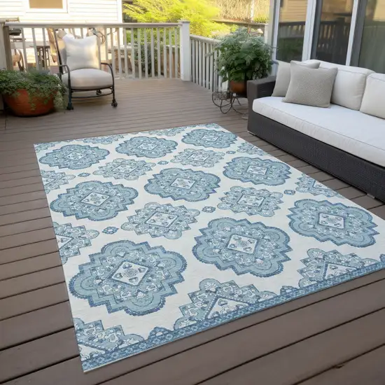 Teal Blue And Ivory Medallion Washable Indoor Outdoor Area Rug Photo 8