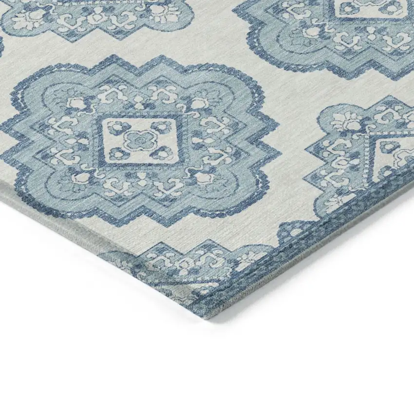 Teal Blue And Ivory Medallion Washable Indoor Outdoor Area Rug Photo 5