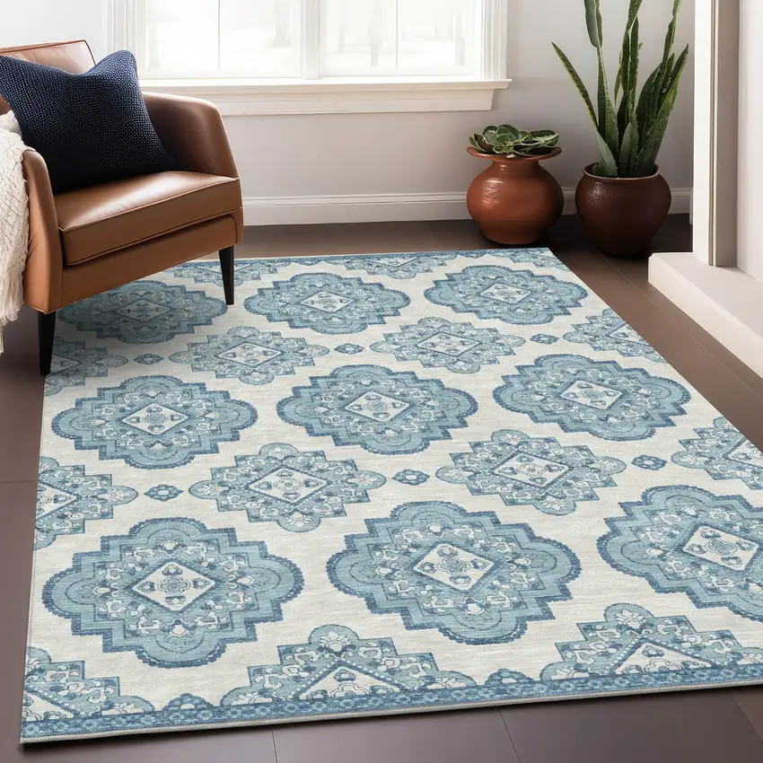 Teal Blue And Ivory Medallion Washable Indoor Outdoor Area Rug Photo 9