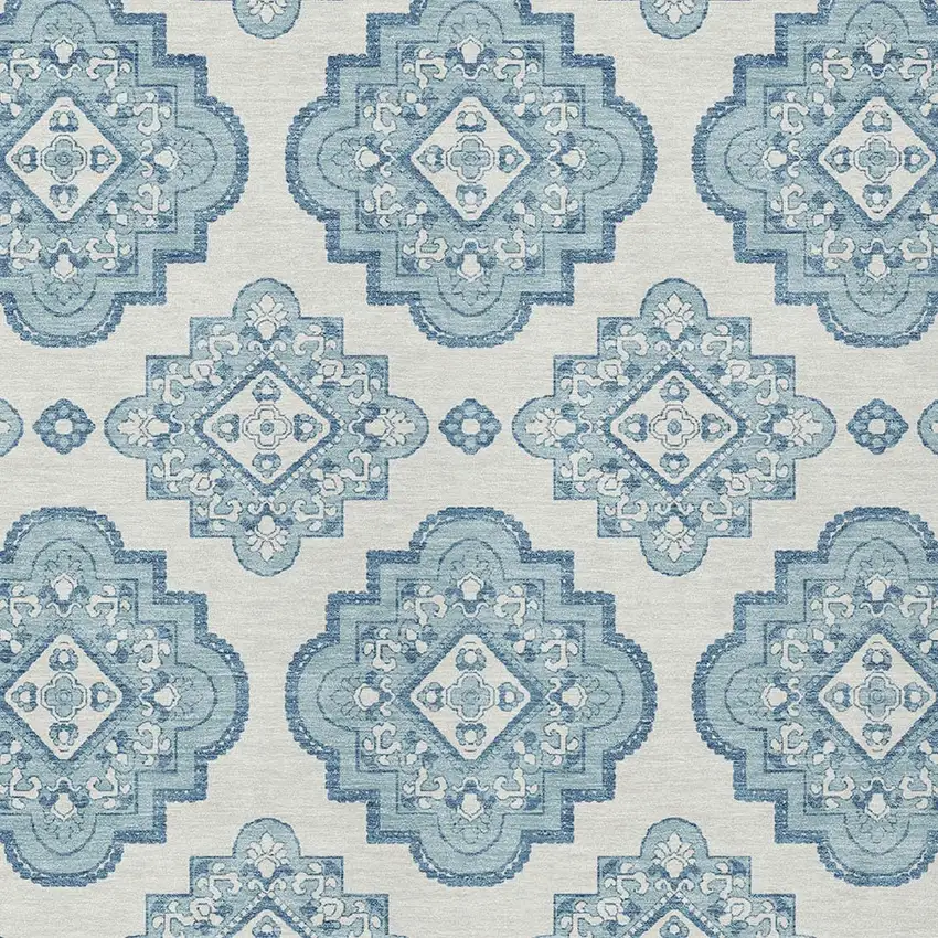 Teal Blue And Ivory Medallion Washable Indoor Outdoor Area Rug Photo 6