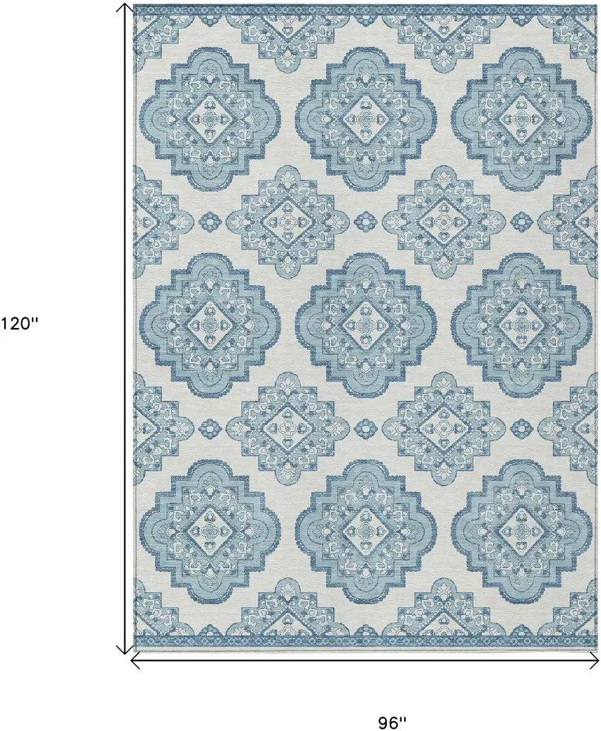 Teal Blue And Ivory Medallion Washable Indoor Outdoor Area Rug Photo 3