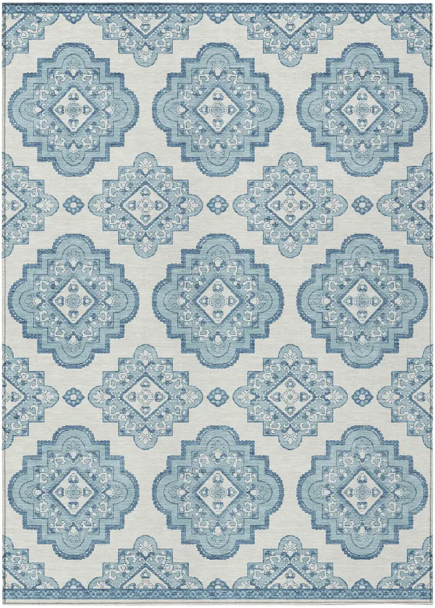 Teal Blue And Ivory Medallion Washable Indoor Outdoor Area Rug Photo 2