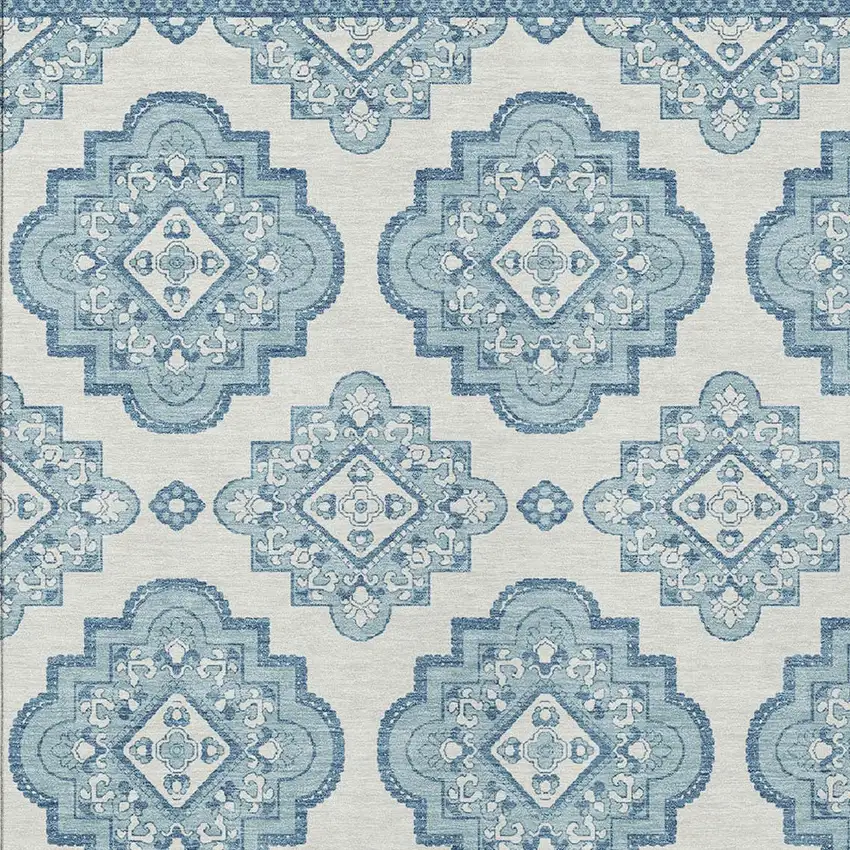Teal Blue And Ivory Medallion Washable Indoor Outdoor Area Rug Photo 6