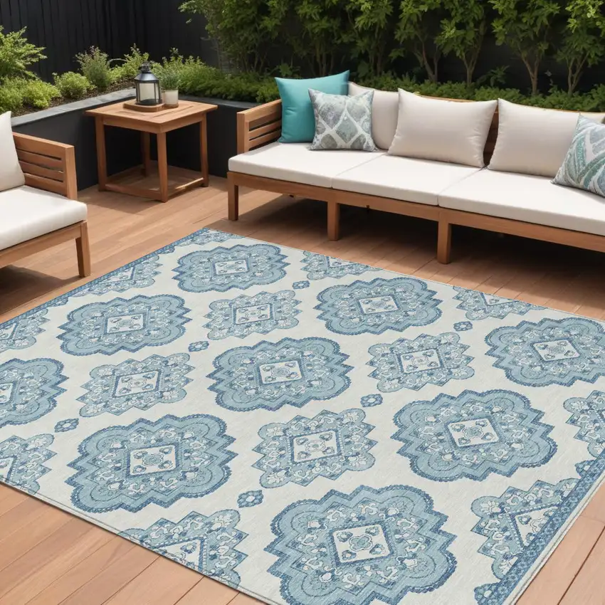Teal Blue And Ivory Medallion Washable Indoor Outdoor Area Rug Photo 1