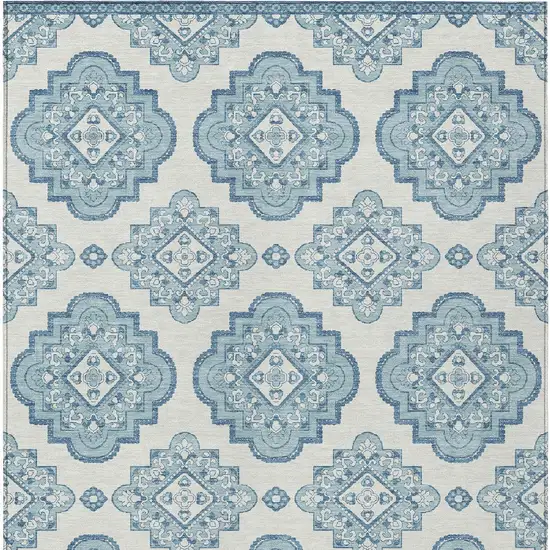 Teal Blue And Ivory Medallion Washable Indoor Outdoor Area Rug Photo 7