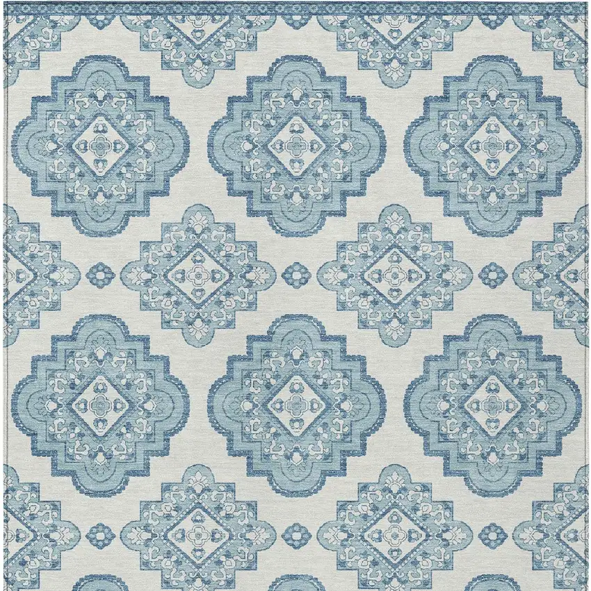 Teal Blue And Ivory Medallion Washable Indoor Outdoor Area Rug Photo 7