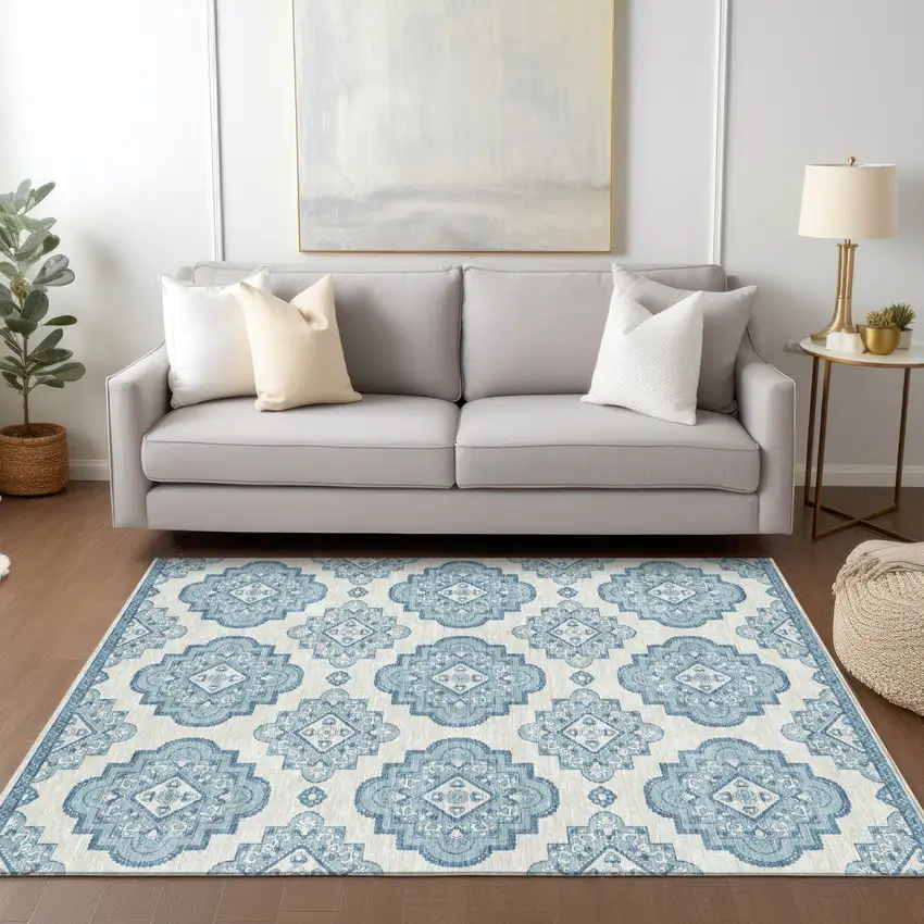 Teal Blue And Ivory Medallion Washable Indoor Outdoor Area Rug Photo 9