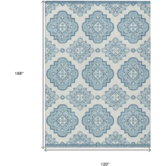 Teal Blue And Ivory Medallion Washable Indoor Outdoor Area Rug Photo 3