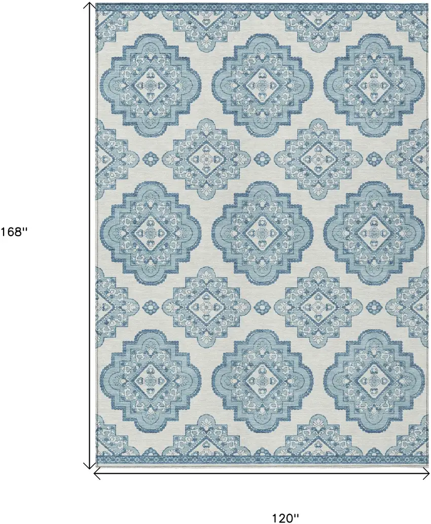 Teal Blue And Ivory Medallion Washable Indoor Outdoor Area Rug Photo 3