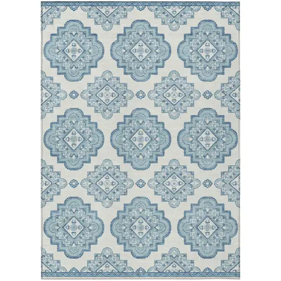 Teal Blue And Ivory Medallion Washable Indoor Outdoor Area Rug Photo 2