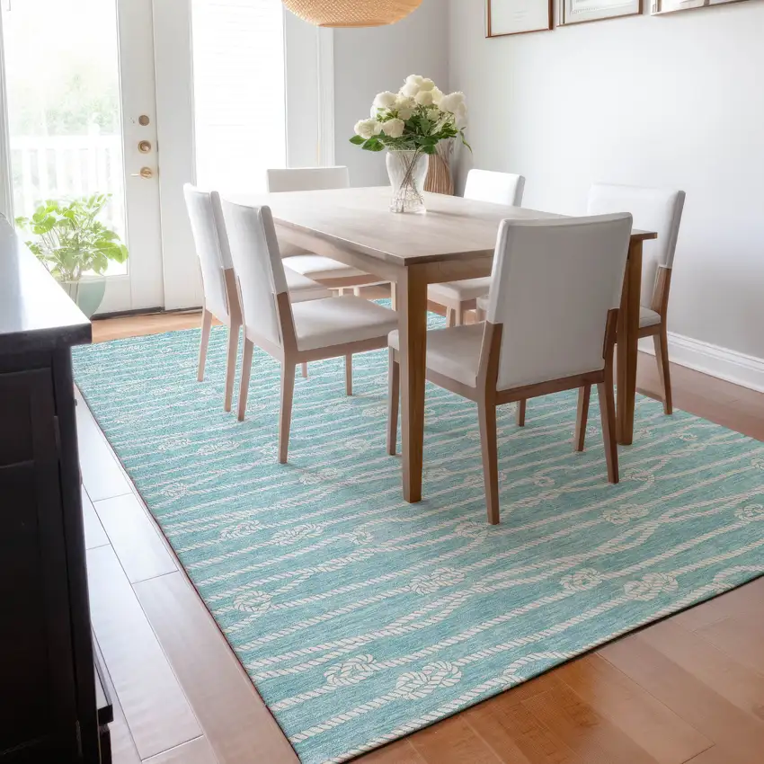Teal Blue And Ivory Nautical Washable Area Rug With UV Protection Photo 7