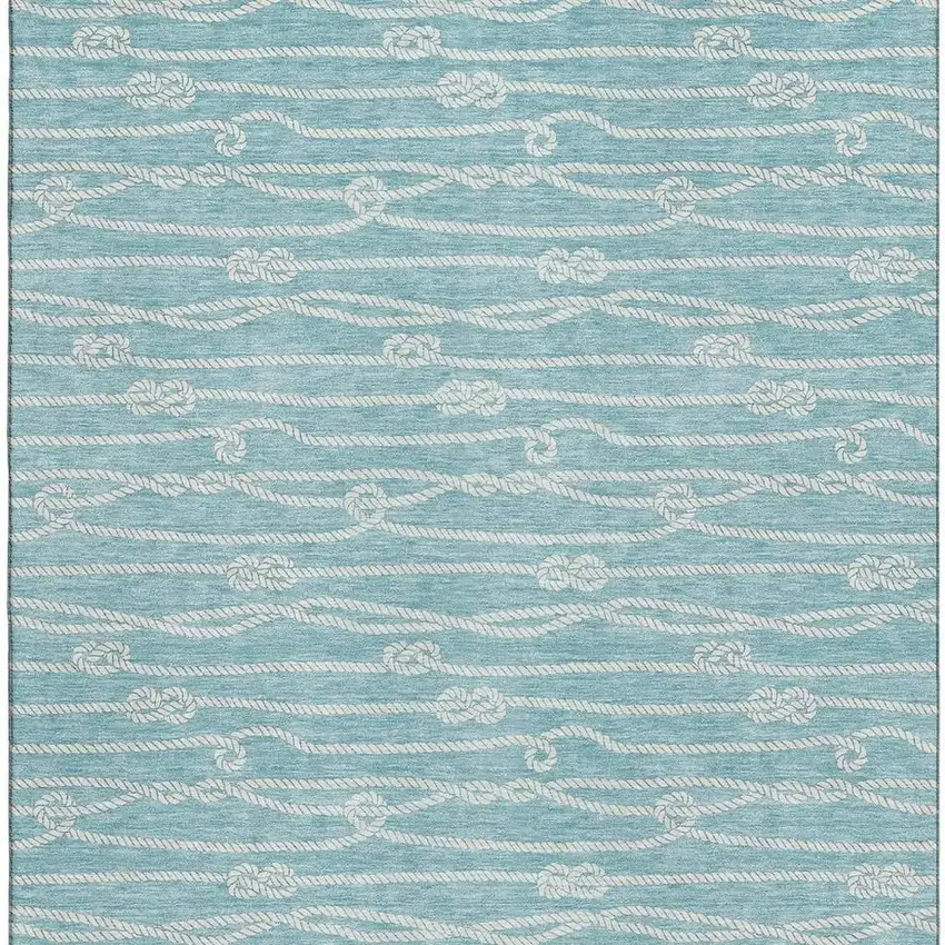 Teal Blue And Ivory Nautical Washable Area Rug With UV Protection Photo 5
