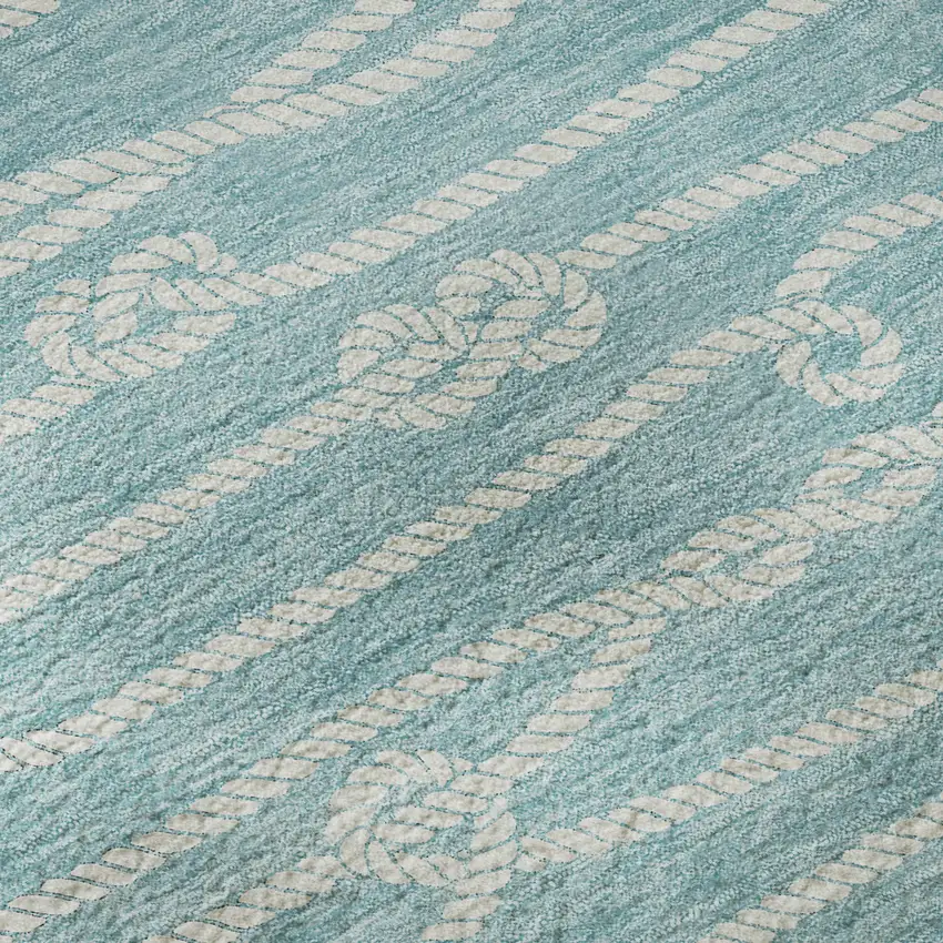 Teal Blue And Ivory Nautical Washable Area Rug With UV Protection Photo 9