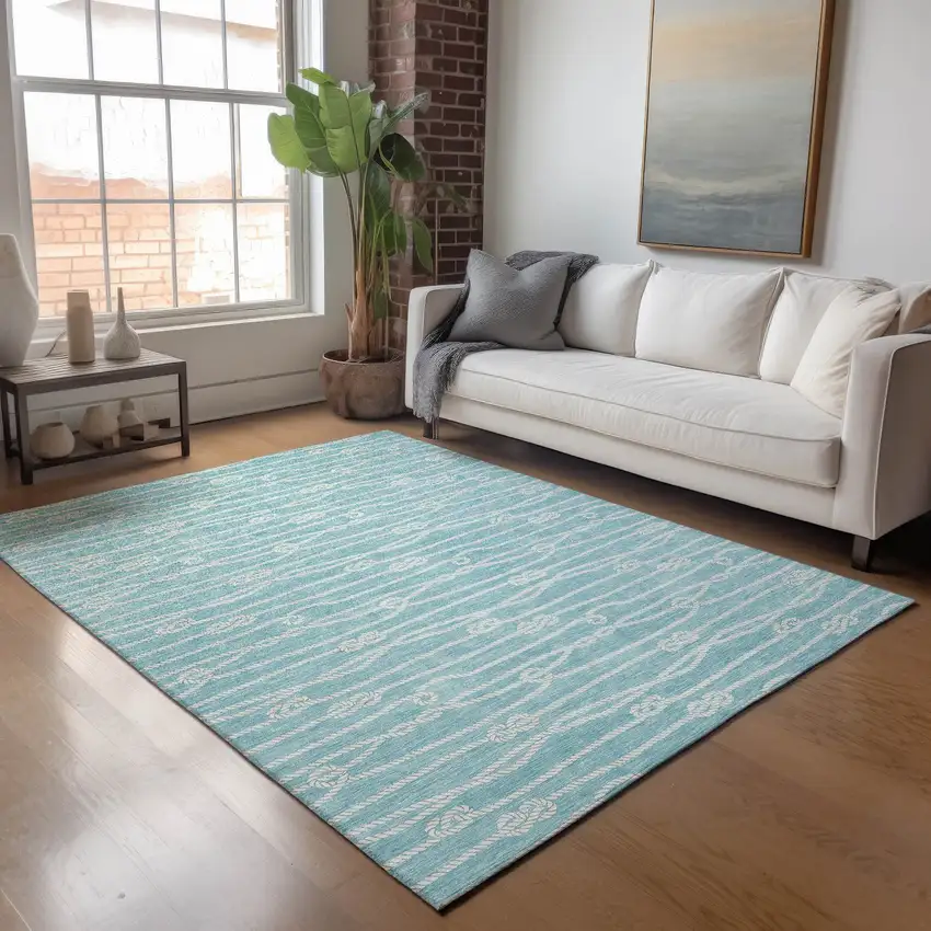 Teal Blue And Ivory Nautical Washable Area Rug With UV Protection Photo 5