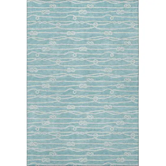 Teal Blue And Ivory Nautical Washable Area Rug With UV Protection Photo 4