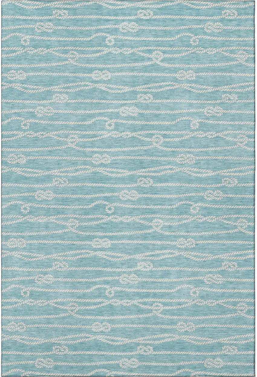 Teal Blue And Ivory Nautical Washable Area Rug With UV Protection Photo 4