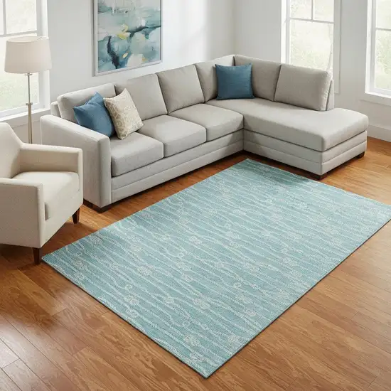 Teal Blue And Ivory Nautical Washable Area Rug With UV Protection Photo 1