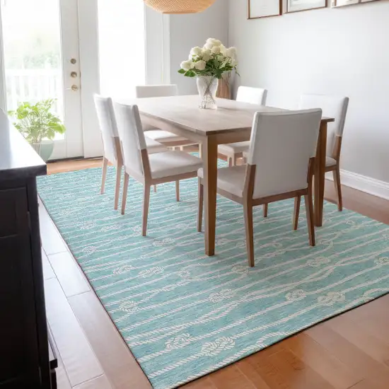 Teal Blue And Ivory Nautical Washable Area Rug With UV Protection Photo 7