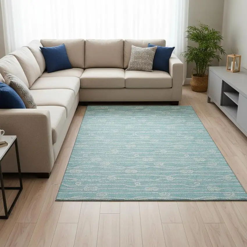 Teal Blue And Ivory Nautical Washable Area Rug With UV Protection Photo 1