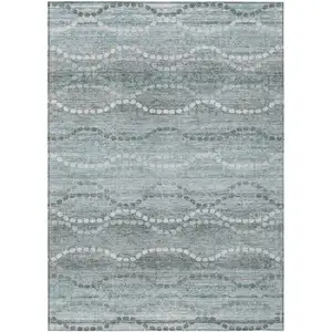 Photo of Teal Blue And Ivory Ogee Washable Indoor Outdoor Area Rug