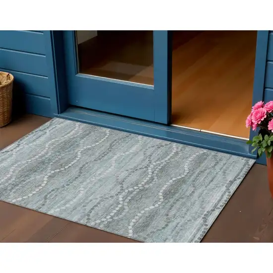 Teal Blue And Ivory Ogee Washable Indoor Outdoor Area Rug Photo 2
