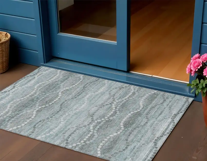 Teal Blue And Ivory Ogee Washable Indoor Outdoor Area Rug Photo 2