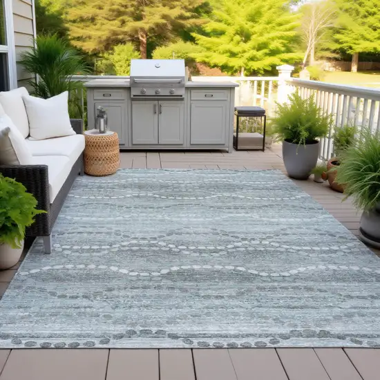 Teal Blue And Ivory Ogee Washable Indoor Outdoor Area Rug Photo 5