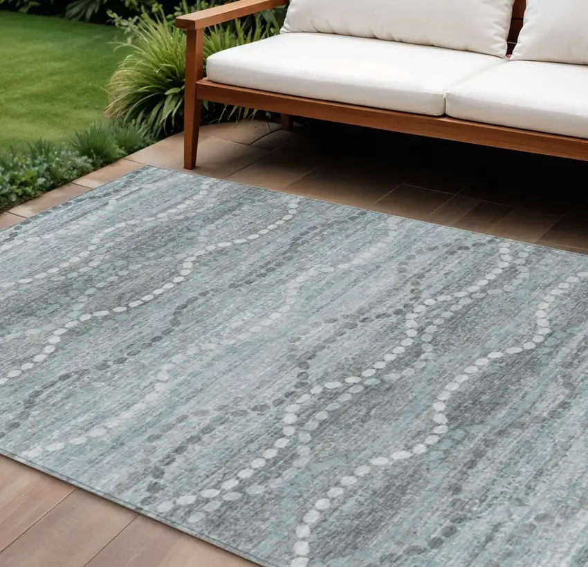 Teal Blue And Ivory Ogee Washable Indoor Outdoor Area Rug Photo 2