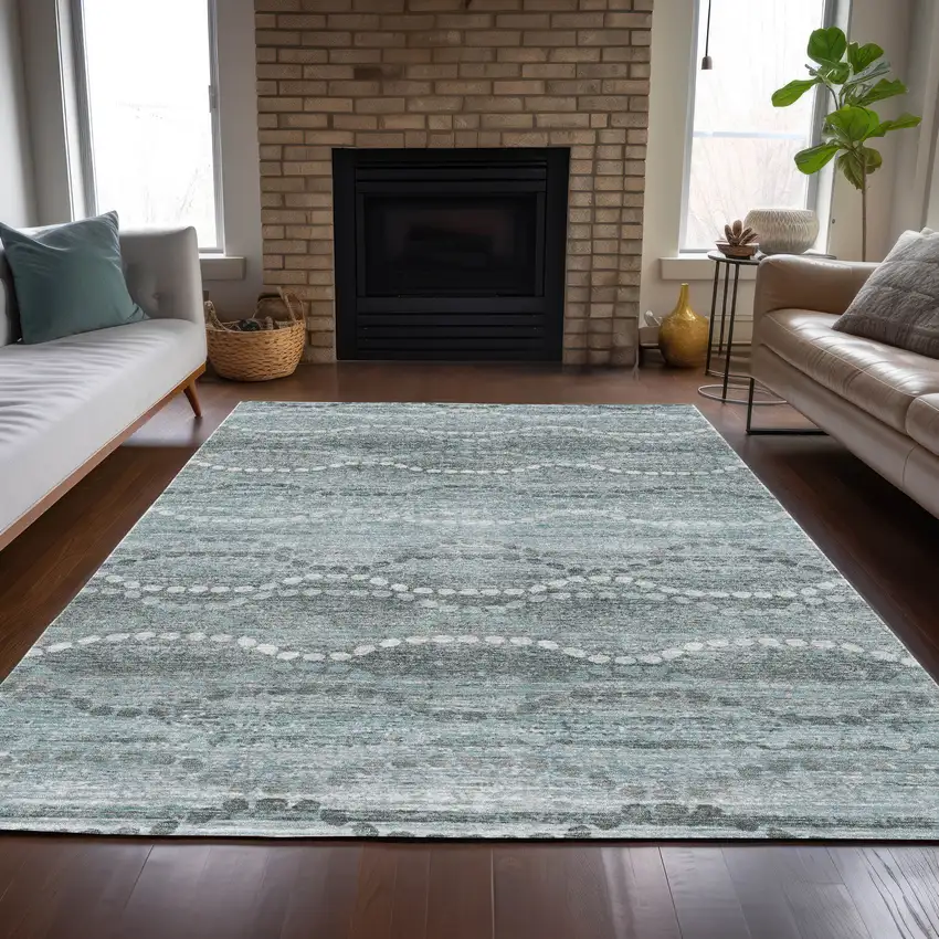 Teal Blue And Ivory Ogee Washable Indoor Outdoor Area Rug Photo 7