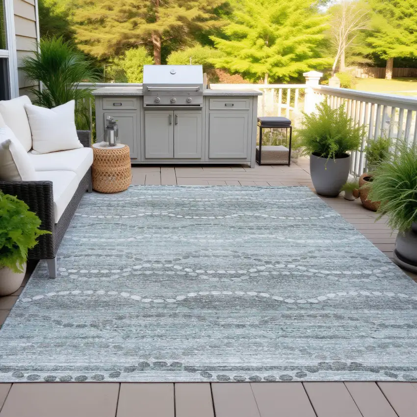 Teal Blue And Ivory Ogee Washable Indoor Outdoor Area Rug Photo 5