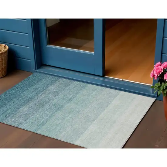 Teal Blue And Ivory Ombre Washable Indoor Outdoor Area Rug Photo 1