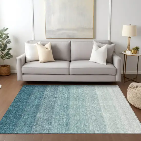Teal Blue And Ivory Ombre Washable Indoor Outdoor Area Rug Photo 9