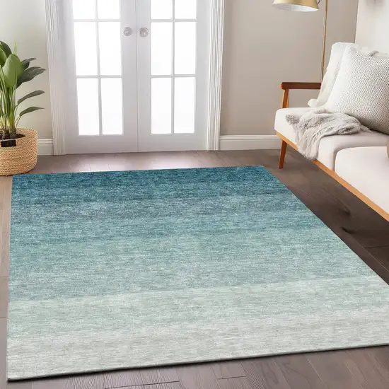 Teal Blue And Ivory Ombre Washable Indoor Outdoor Area Rug Photo 8