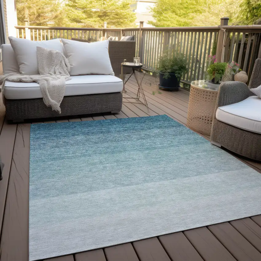 Teal Blue And Ivory Ombre Washable Indoor Outdoor Area Rug Photo 9