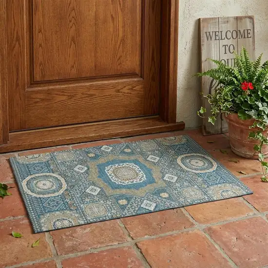 Teal Blue And Ivory Oriental Washable Indoor Outdoor Area Rug Photo 1