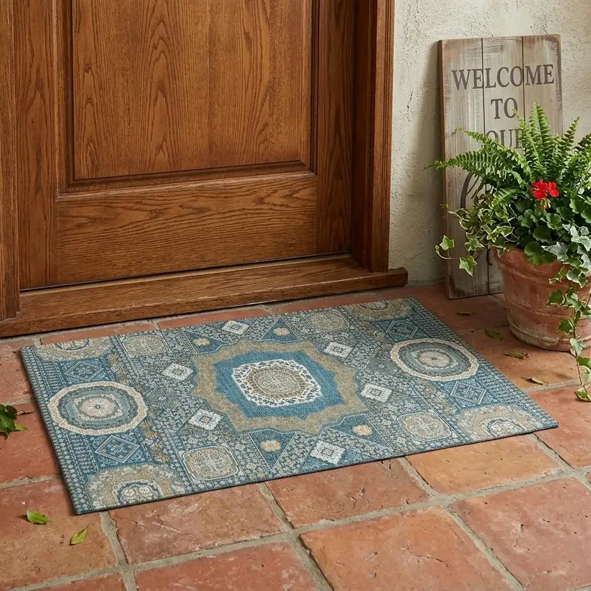 Teal Blue And Ivory Oriental Washable Indoor Outdoor Area Rug Photo 1