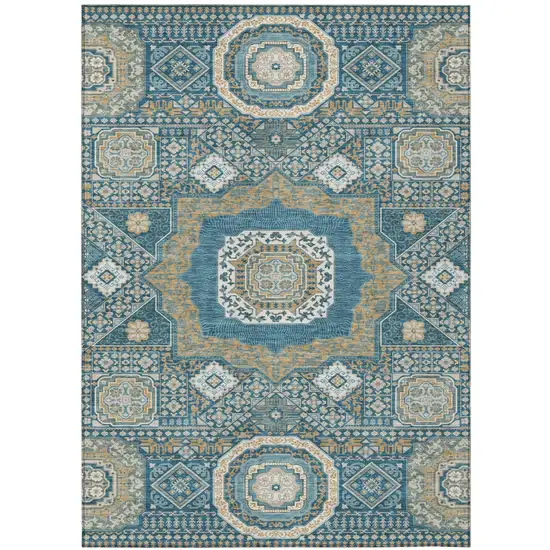 Teal Blue And Ivory Oriental Washable Indoor Outdoor Area Rug Photo 2